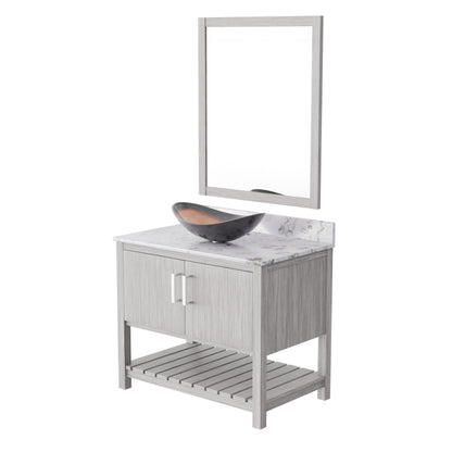 36-inch Novatto bath vanity with cafe mocha quartz countertop and integrated sink, showcasing natural wood finish and modern design