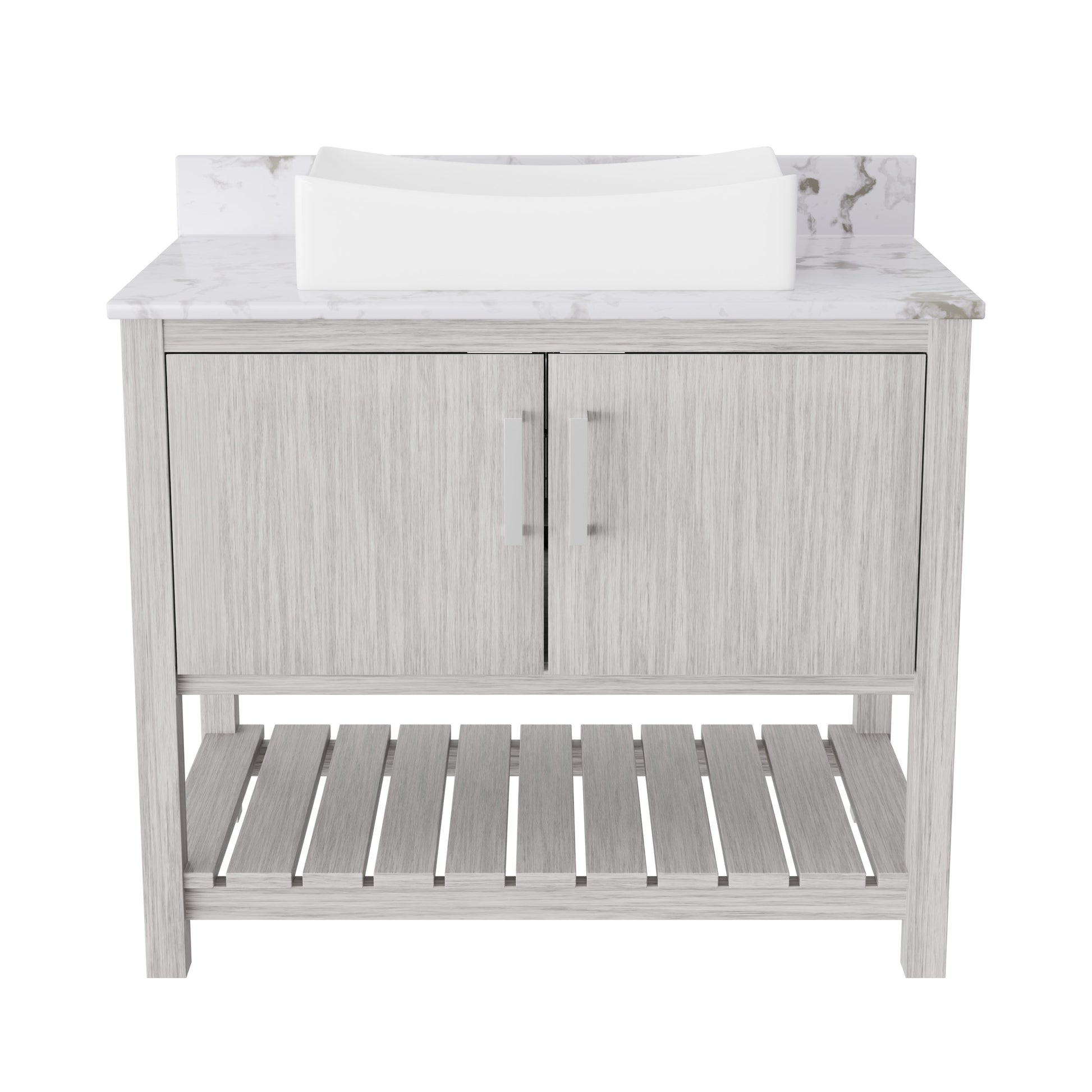 36-inch Novatto bath vanity with cafe mocha quartz countertop and integrated sink, showcasing elegant bathroom accessory design