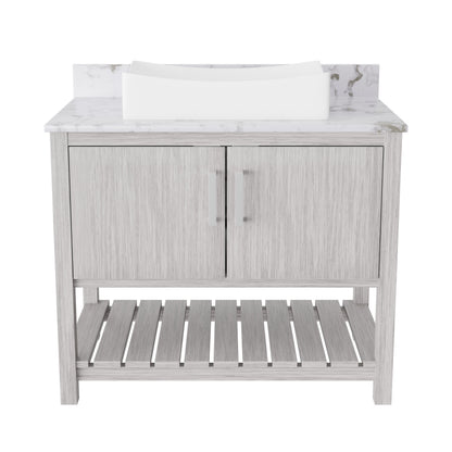 36-inch Novatto bath vanity with cafe mocha quartz countertop and integrated sink, showcasing elegant bathroom accessory design