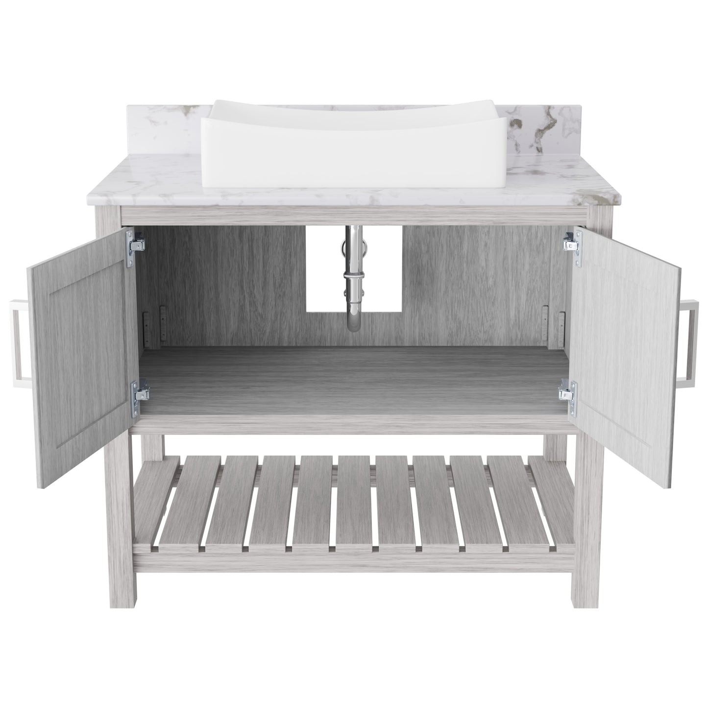 36-inch Novatto bath vanity with cafe mocha quartz countertop and sink, showcasing sleek bathroom accessory design.