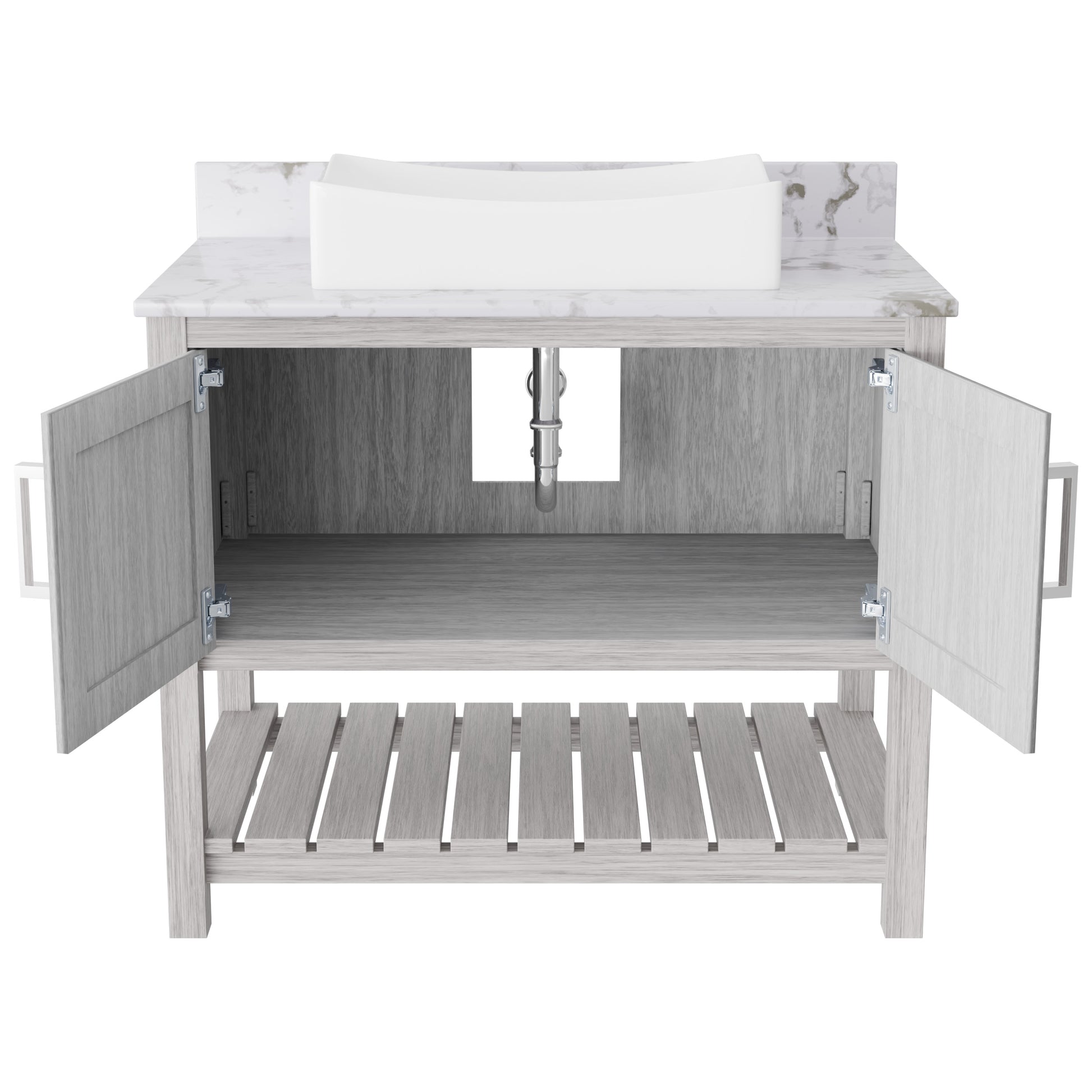 36-inch Novatto bath vanity with cafe mocha quartz countertop and sink, showcasing sleek bathroom accessory design.
