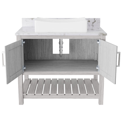 36-inch Novatto bath vanity with cafe mocha quartz countertop and sink, showcasing sleek bathroom accessory design.