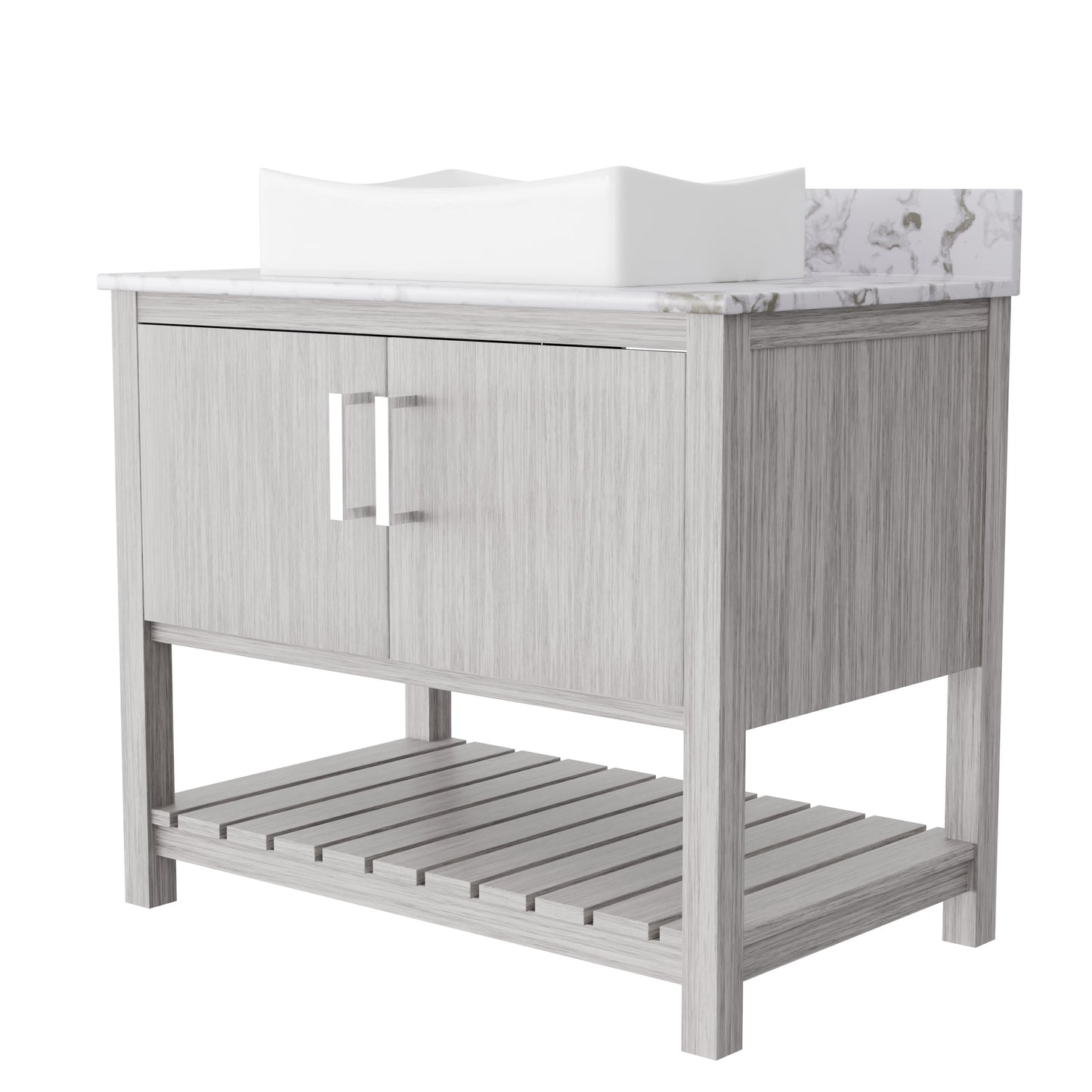 36-inch Novatto bath vanity with cafe mocha quartz countertop and sink, featuring modern accessory design and sleek finish.