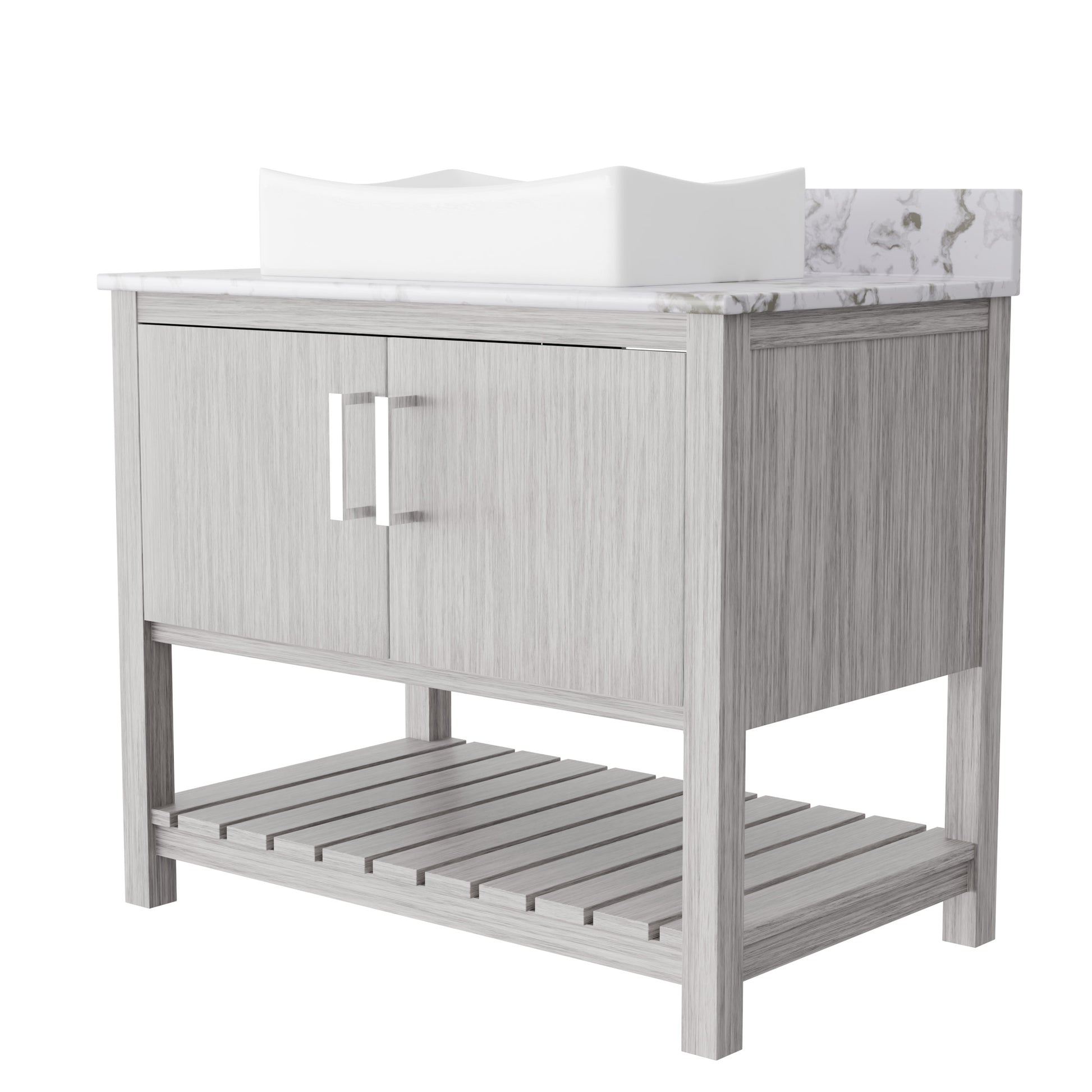 36-inch Novatto bath vanity with cafe mocha quartz countertop and sink, featuring modern accessory design and sleek finish.