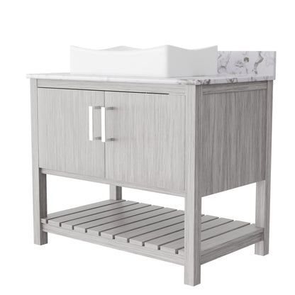 36-inch Novatto bath vanity with cafe mocha quartz countertop and sink, featuring modern accessory design and sleek finish.