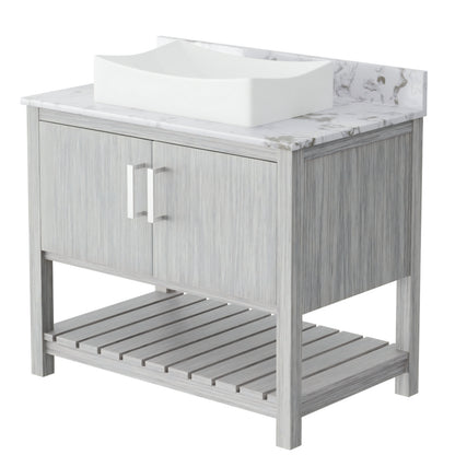 36-inch Novatto bath vanity with cafe mocha quartz countertop and sink, showcasing elegant bathroom accessory design.