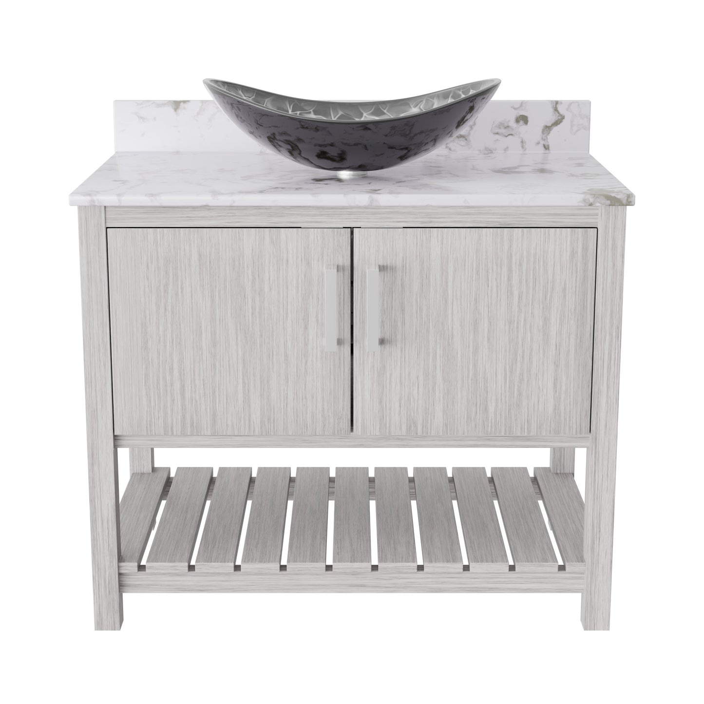 36-inch Novatto bath vanity with cafe mocha quartz counter and sink, showcasing the elegant bathroom accessory design