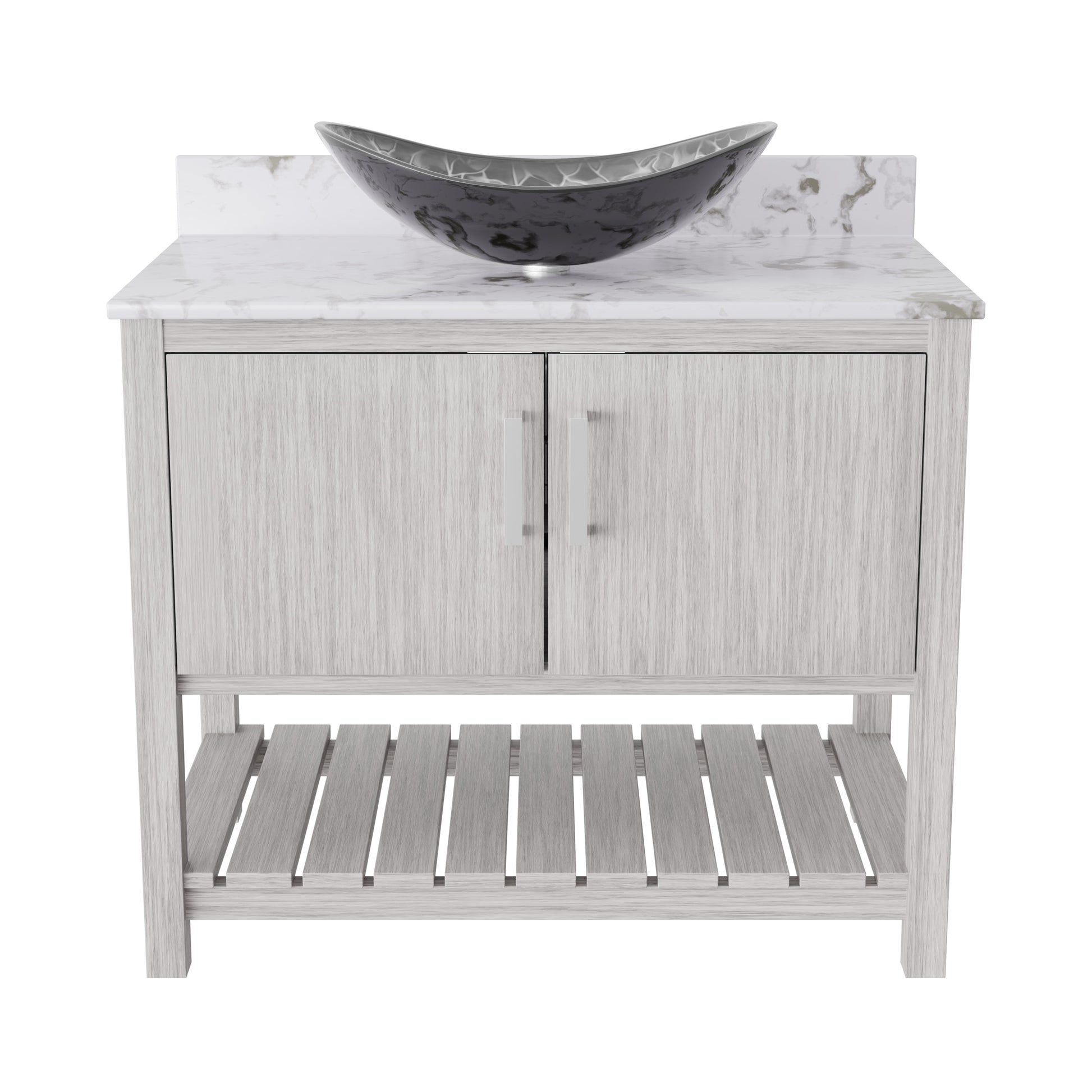36-inch Novatto bath vanity with cafe mocha quartz counter and sink, showcasing the elegant bathroom accessory design
