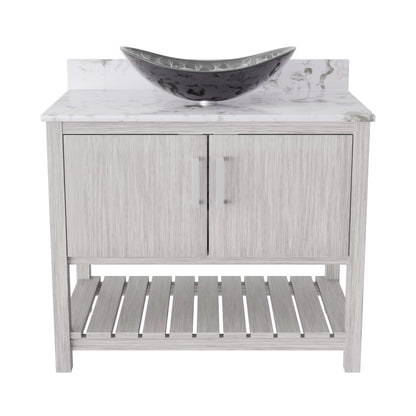 36-inch Novatto bath vanity with cafe mocha quartz counter and sink, showcasing the elegant bathroom accessory design