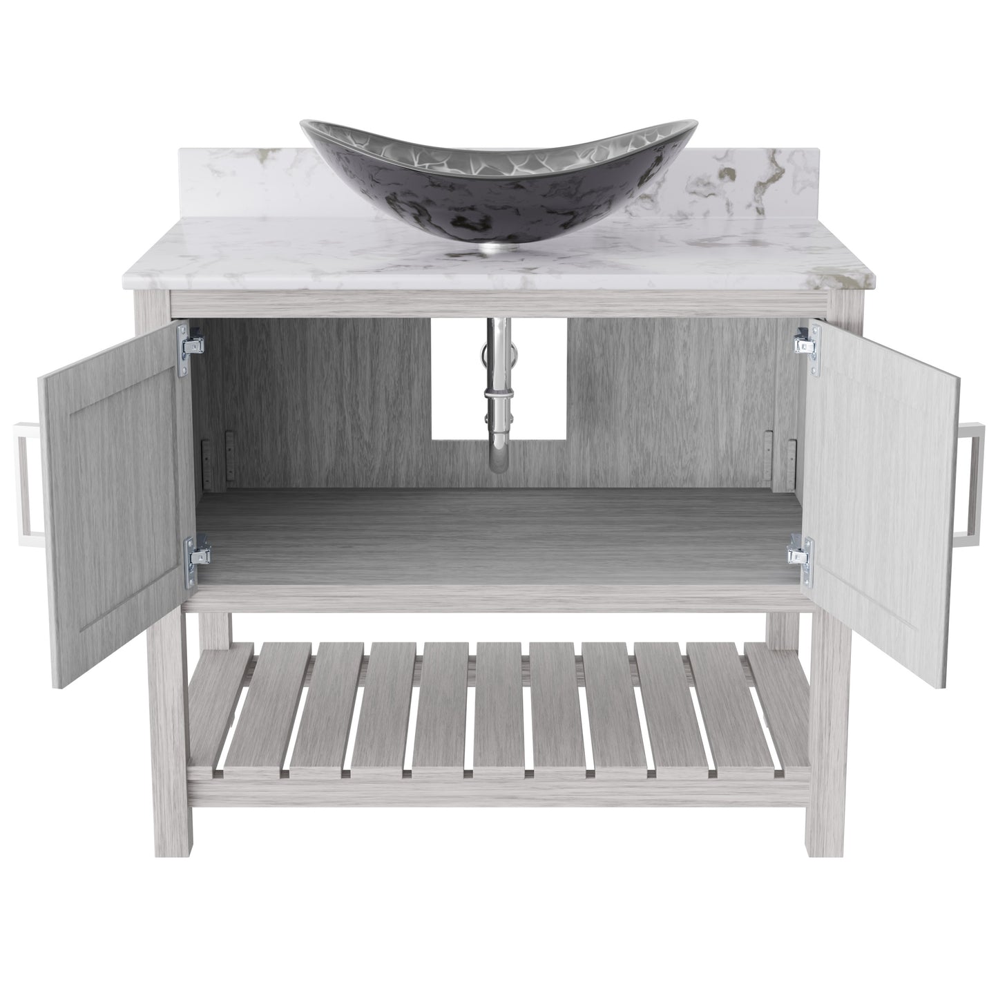 36-inch Novatto bath vanity with cafe mocha quartz countertop and sink, showcasing sleek bathroom accessory design