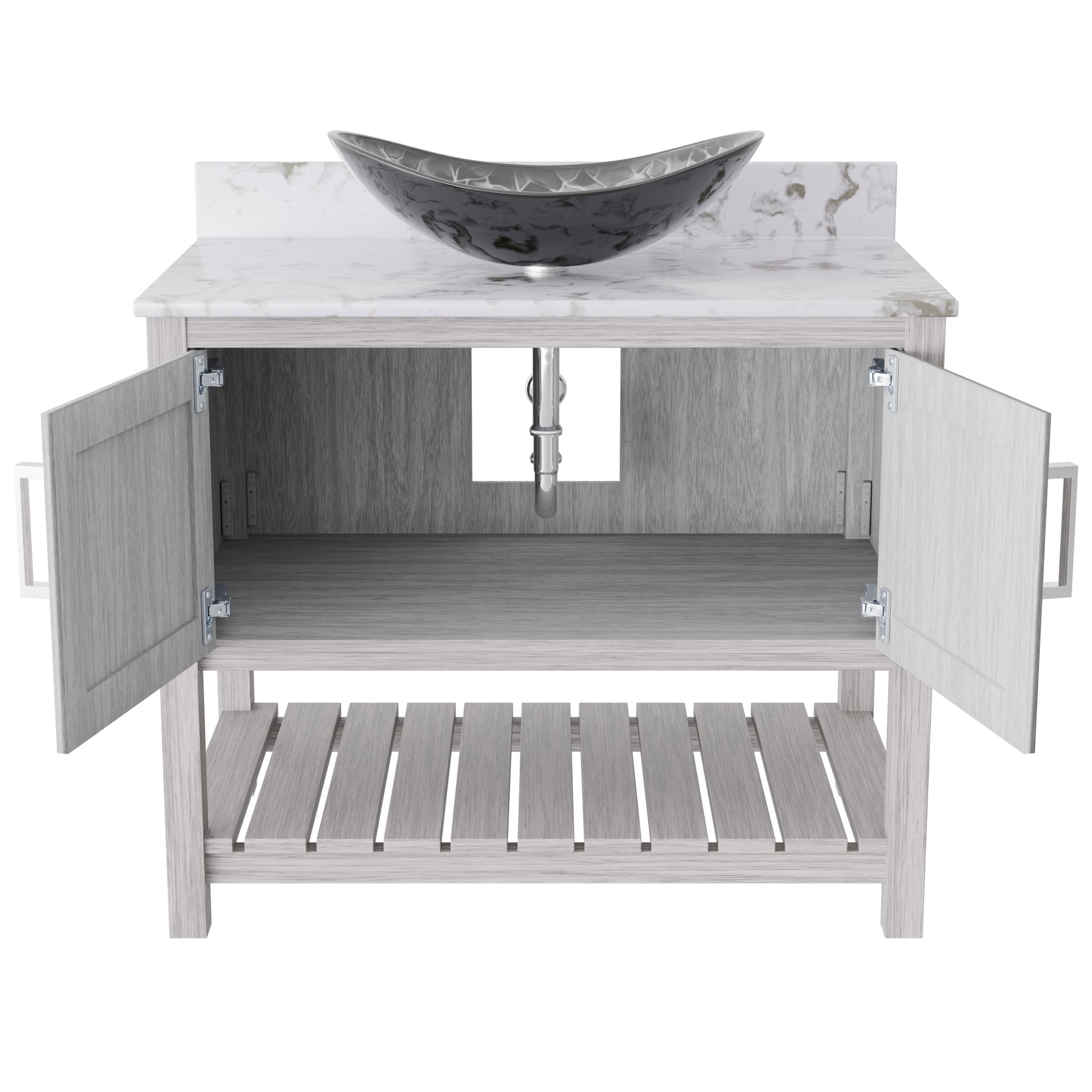 36-inch Novatto bath vanity with cafe mocha quartz countertop and sink, showcasing sleek bathroom accessory design
