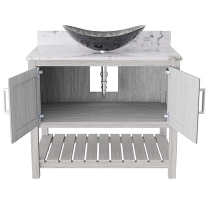 36-inch Novatto bath vanity with cafe mocha quartz countertop and sink, showcasing sleek bathroom accessory design