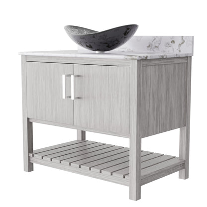 36-inch Novatto bath vanity with cafe mocha quartz countertop and sink, modern bathroom accessory.