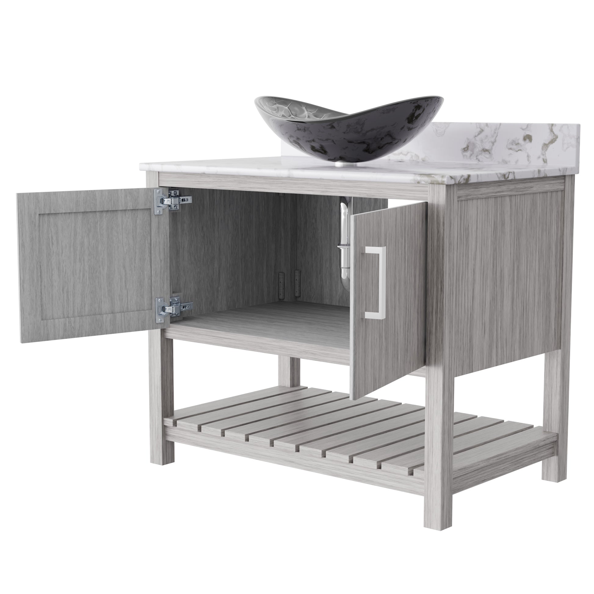 Novatto 36-inch bath vanity with cafe mocha quartz countertop and sink, showcasing sleek bathroom accessory design.