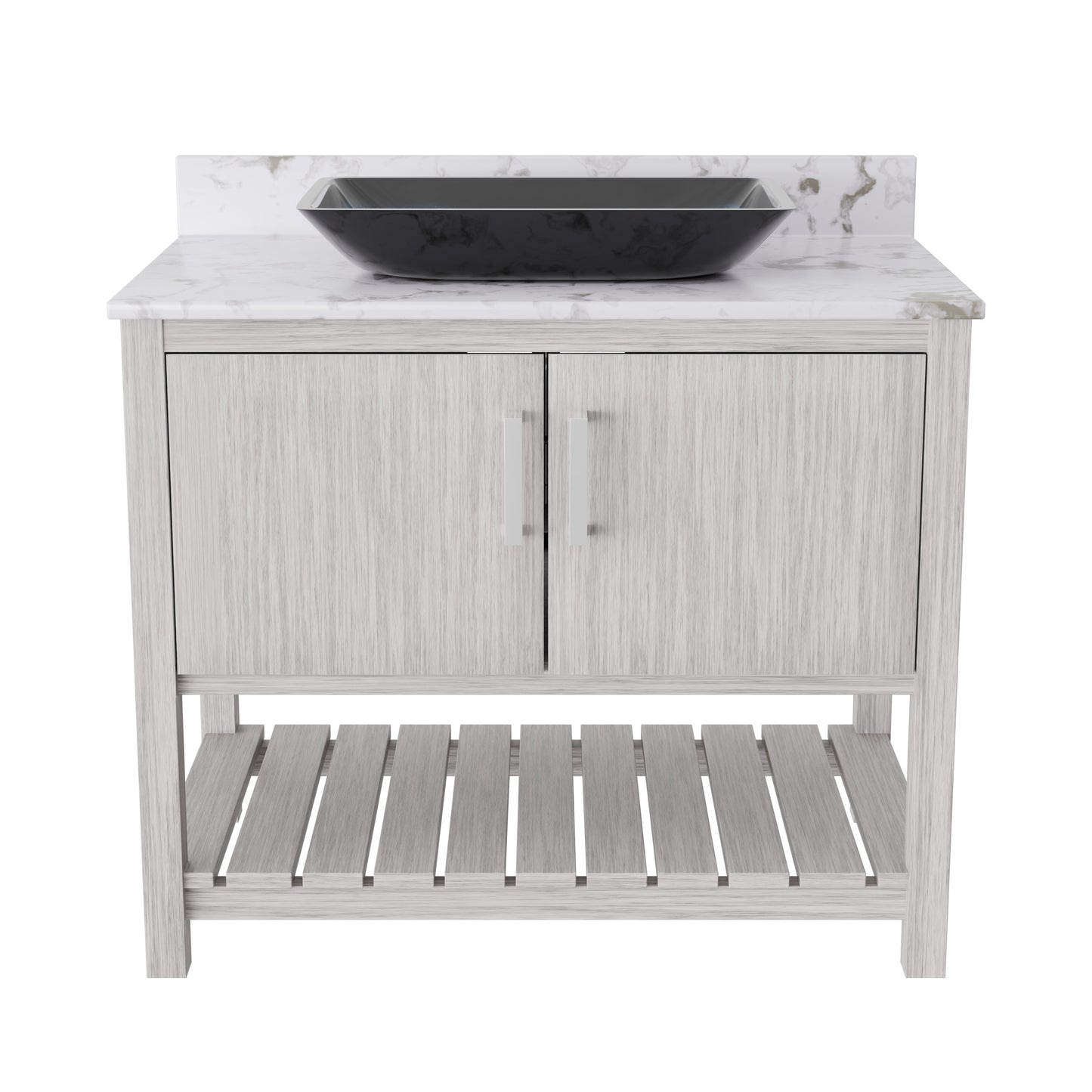 Novatto 36-inch bath vanity with cafe mocha quartz countertop and integrated sink, modern bathroom accessory with sleek design.