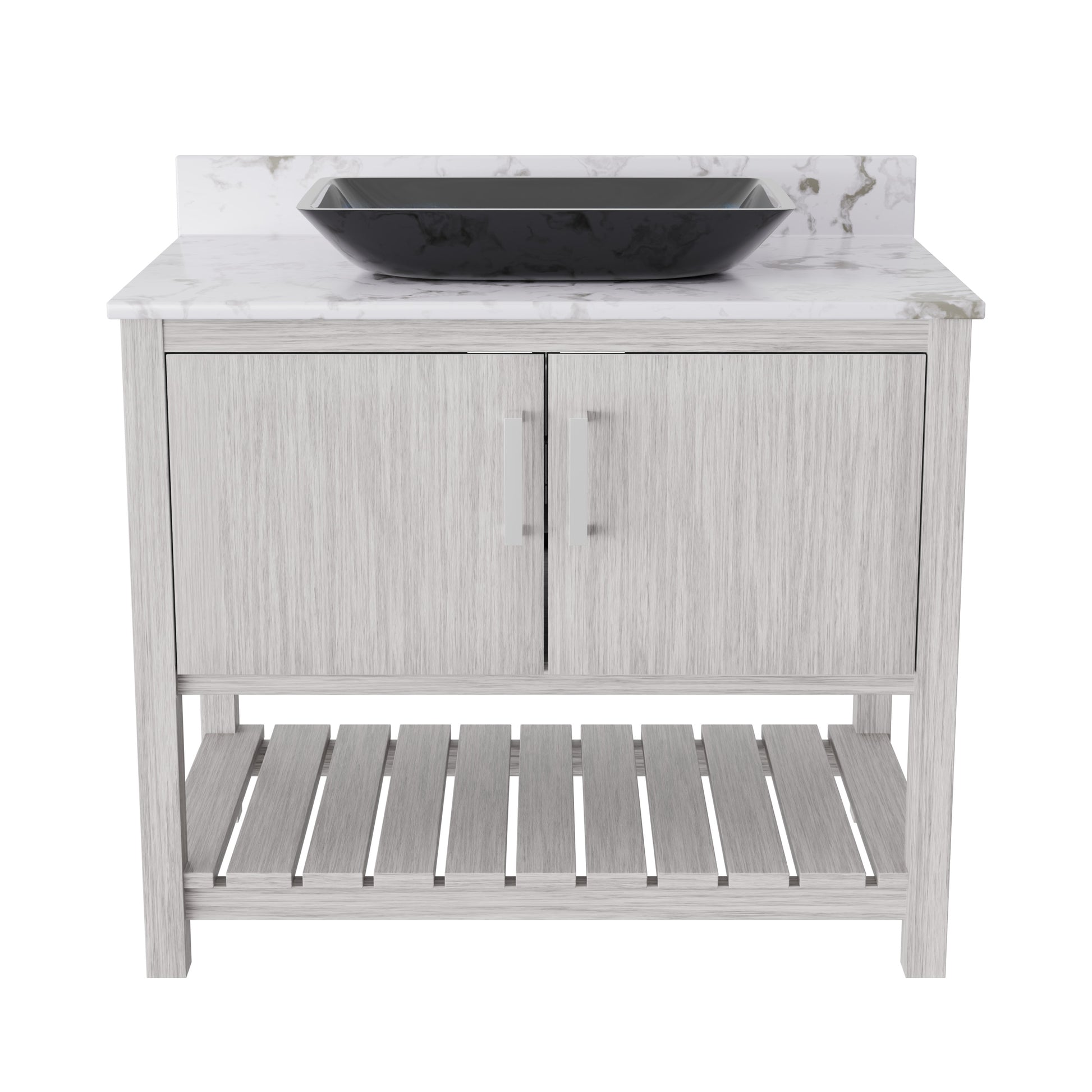 Novatto 36-inch bath vanity with cafe mocha quartz countertop and integrated sink, modern bathroom accessory with sleek design.