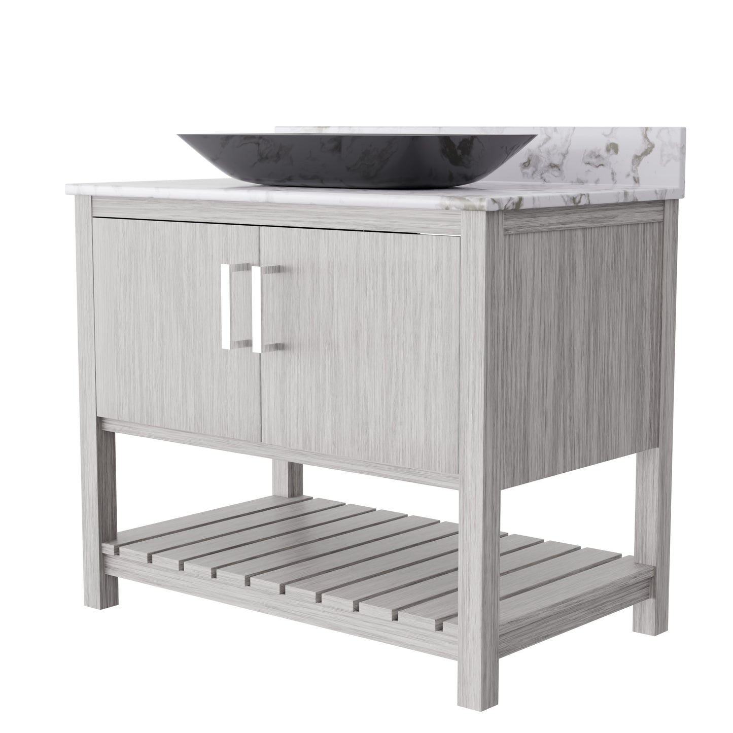 36-inch Novatto bath vanity with cafe mocha quartz countertop and sink, showcasing sleek bathroom accessory design.