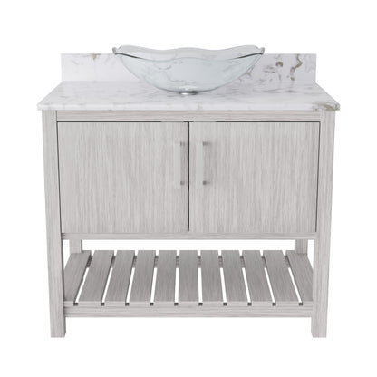 36-inch Novatto bath vanity with cafe mocha quartz countertop and sink, showcasing sleek bathroom accessory design.