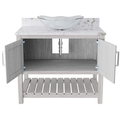 Novatto 36-inch bath vanity with cafe mocha quartz countertop and sink, showcasing sleek bathroom accessory design.