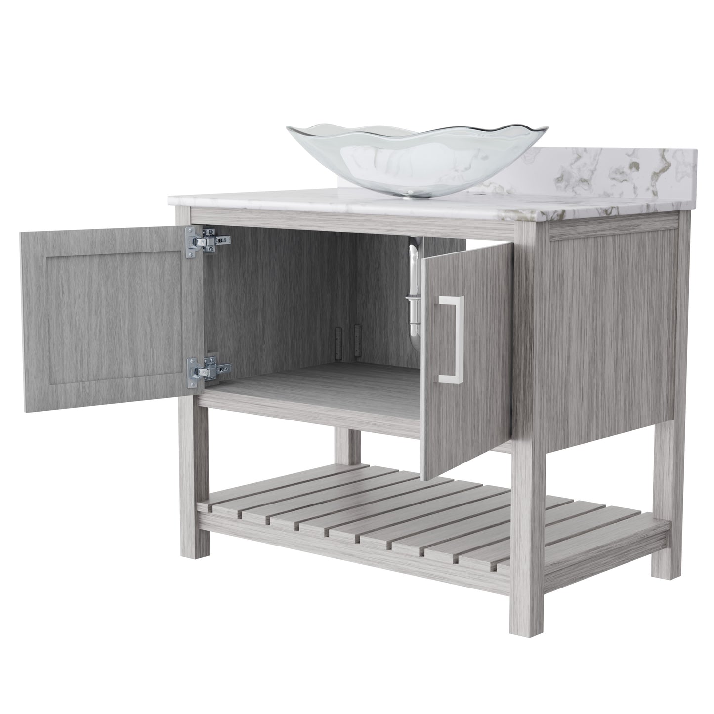 36-inch Novatto bath vanity with cafe mocha quartz countertop and sink, showcasing sleek bathroom accessory design.
