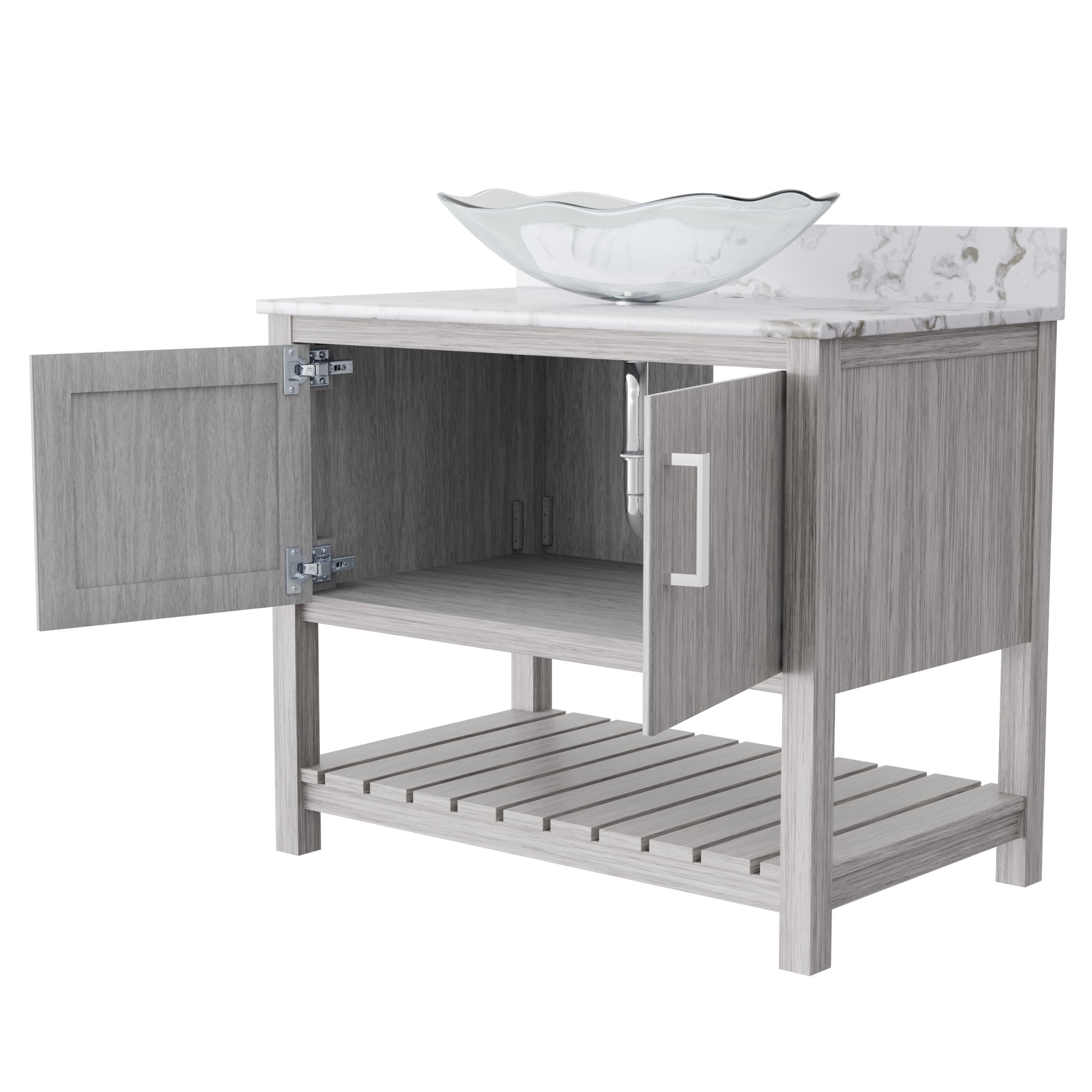 36-inch Novatto bath vanity with cafe mocha quartz countertop and sink, showcasing sleek bathroom accessory design.