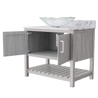 36-inch Novatto bath vanity with cafe mocha quartz countertop and sink, showcasing sleek bathroom accessory design.
