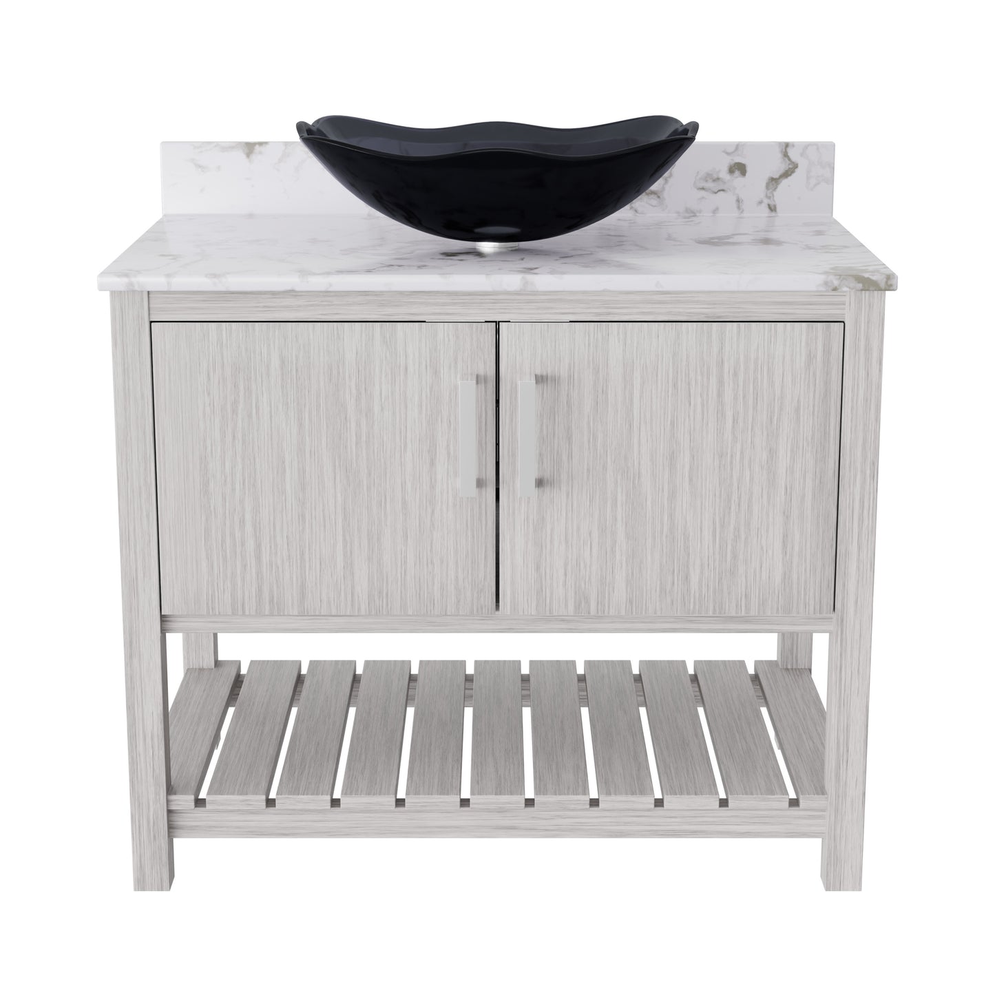 36-inch Novatto bath vanity with cafe mocha quartz countertop and sink, showcasing the elegant bathroom accessory design.
