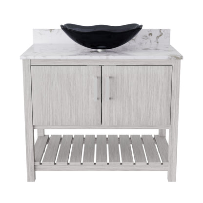 36-inch Novatto bath vanity with cafe mocha quartz countertop and sink, showcasing the elegant bathroom accessory design.