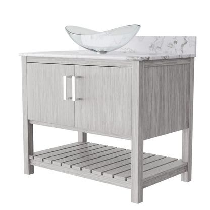 36-inch Novatto bath vanity with Cafe Mocha quartz countertop and sink, showcasing sleek bathroom accessory design.