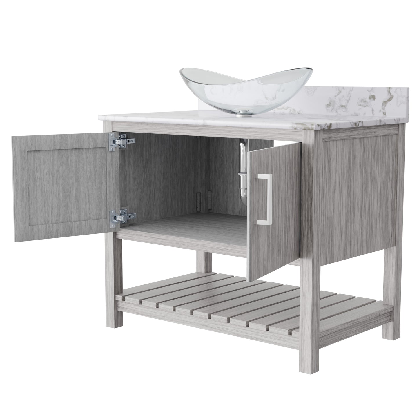 36-inch Novatto bath vanity with cafe mocha quartz counter and sink, showcasing elegant bathroom accessory design.