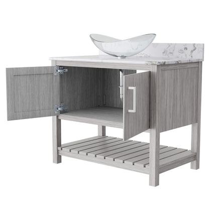 36-inch Novatto bath vanity with cafe mocha quartz counter and sink, showcasing elegant bathroom accessory design.