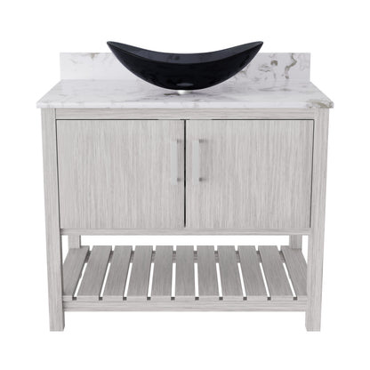 36-inch Novatto bath vanity with cafe mocha quartz countertop and sink, showcasing a sleek bathroom accessory.