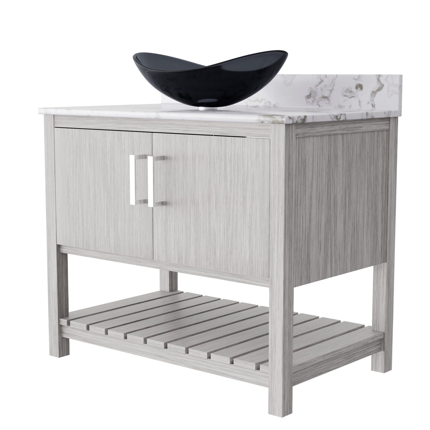 Novatto 36-inch bath vanity with cafe mocha quartz countertop and sink, showcasing modern bathroom accessory design.