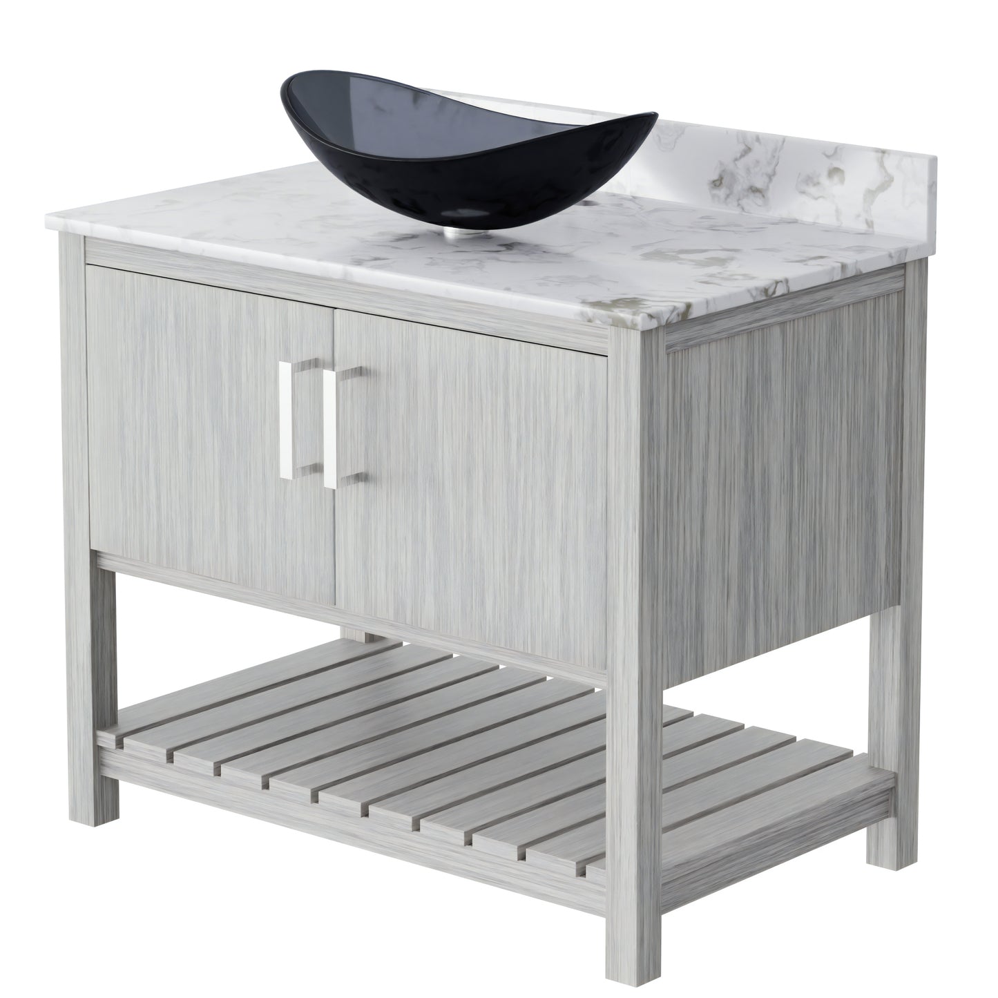 36-inch Novatto bath vanity with cafe mocha quartz countertop and integrated sink, showcasing modern bathroom accessory design.