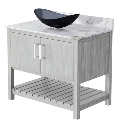 36-inch Novatto bath vanity with cafe mocha quartz countertop and integrated sink, showcasing modern bathroom accessory design.