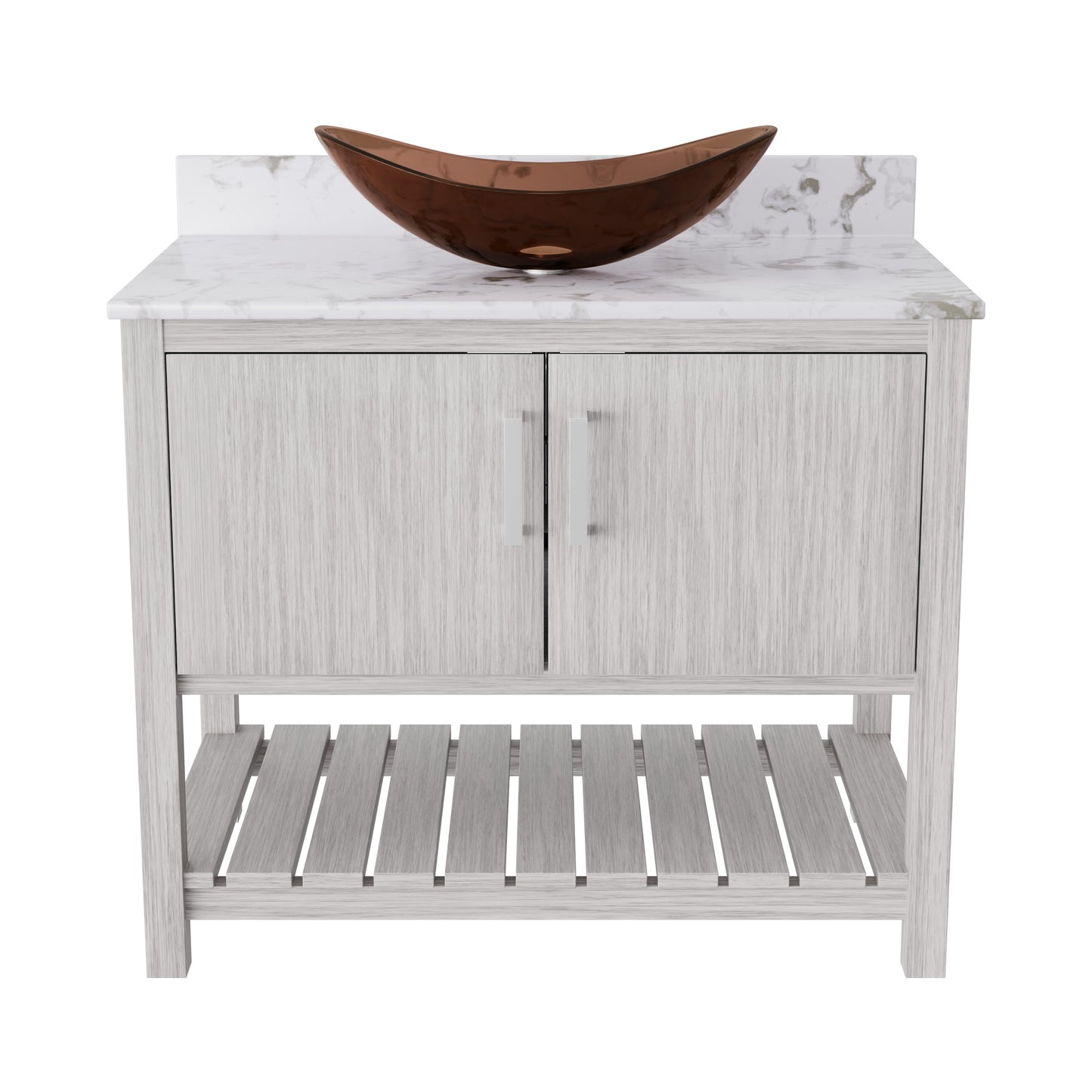 Novatto 36-inch bathroom vanity with Cafe Mocha quartz countertop and integrated sink, showcasing a modern bathroom accessory.