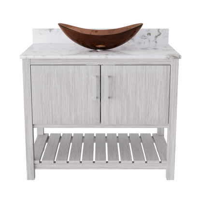 Novatto 36-inch bathroom vanity with Cafe Mocha quartz countertop and integrated sink, showcasing a modern bathroom accessory.