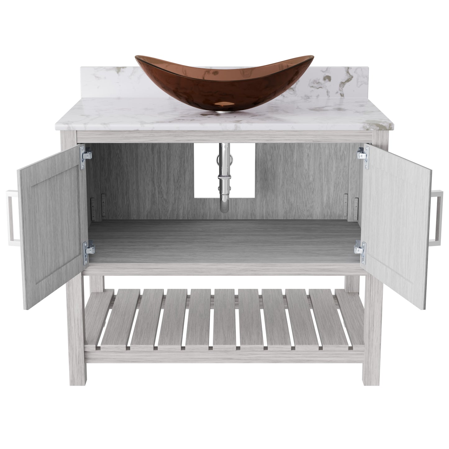 36-inch Novatto bath vanity with café mocha quartz countertop and integrated sink, showcasing sleek bathroom accessory design