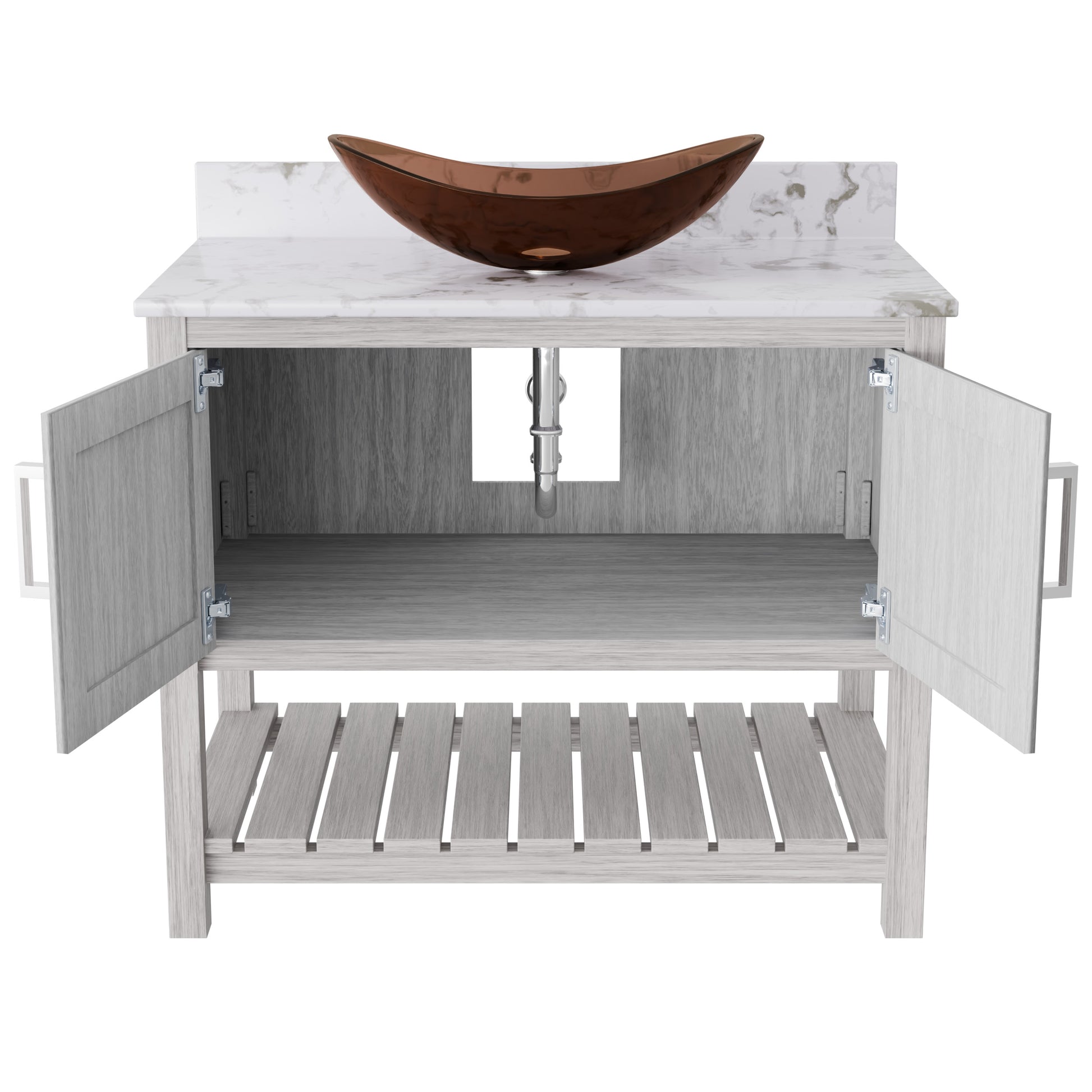 36-inch Novatto bath vanity with café mocha quartz countertop and integrated sink, showcasing sleek bathroom accessory design