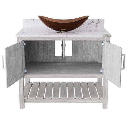 36-inch Novatto bath vanity with café mocha quartz countertop and integrated sink, showcasing sleek bathroom accessory design