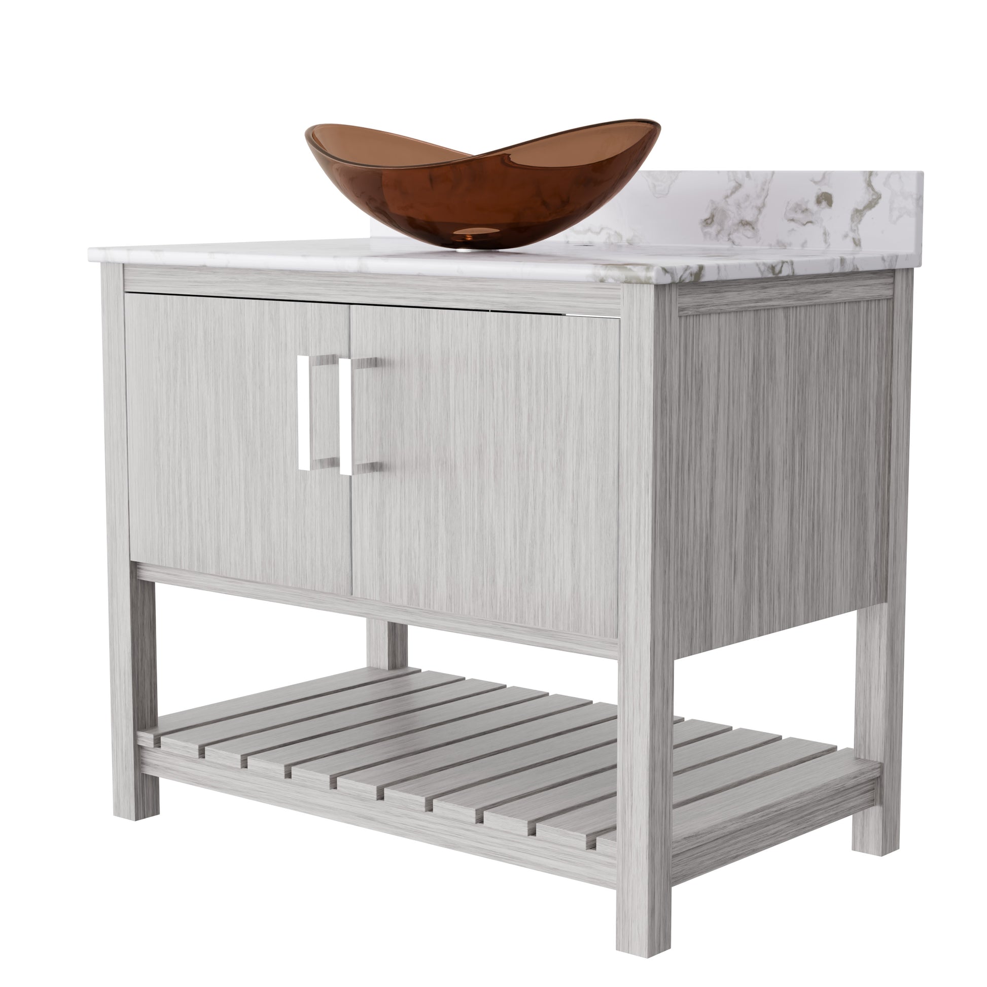 36-inch Novatto bath vanity with cafe mocha quartz countertop and sink, shown with accessories and modern design.