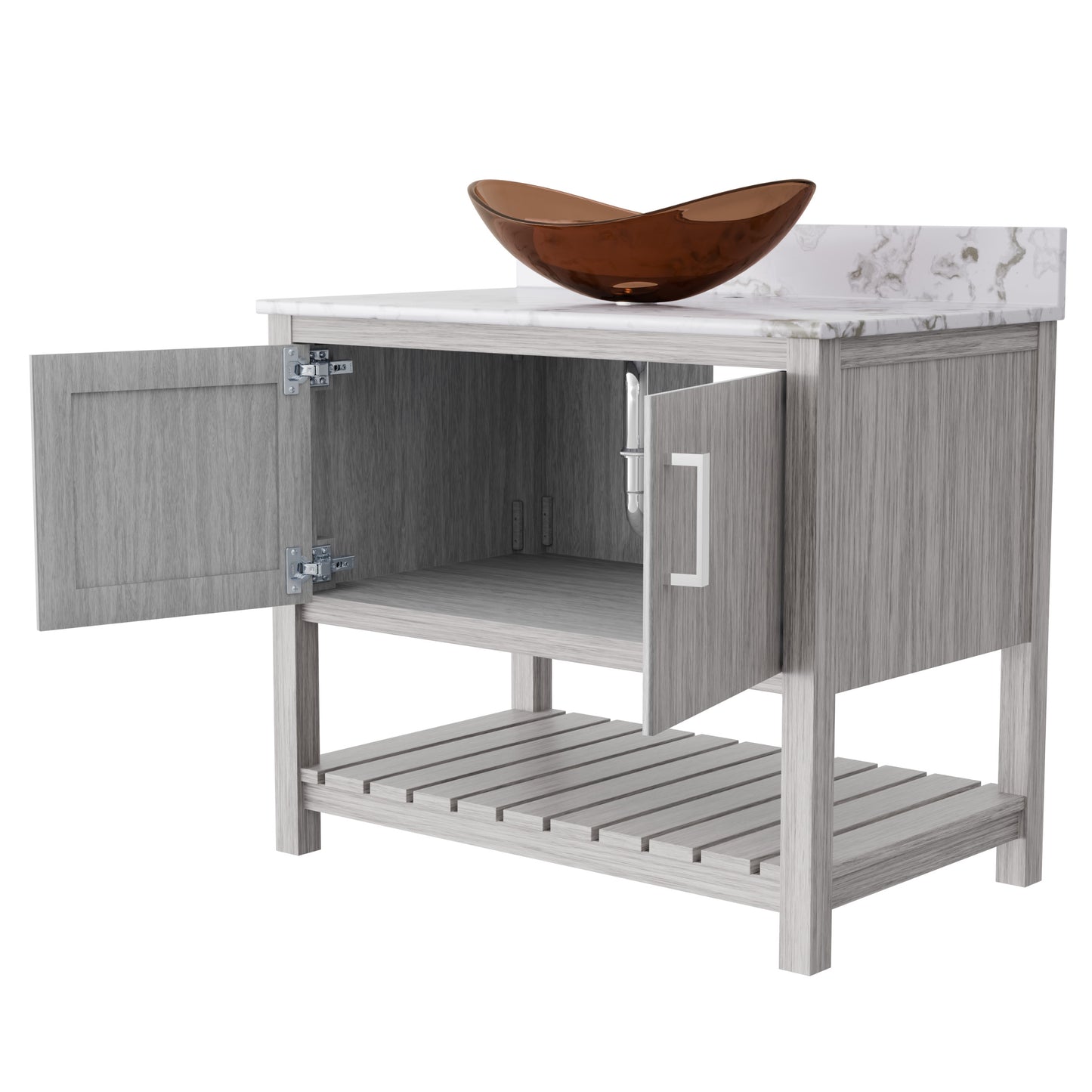 Novatto 36-inch bath vanity with cafe mocha quartz counter and sink, showcasing the elegant bathroom accessory.