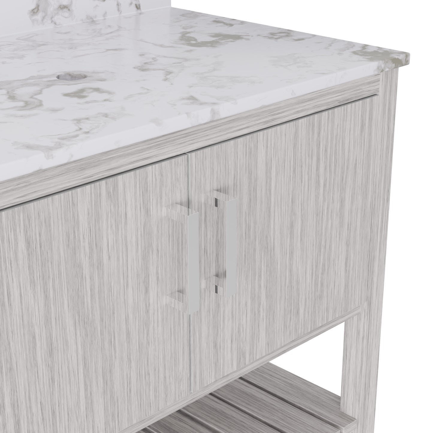 36-inch vanity with cafe mocha quartz countertop by Novatto, featuring sleek design and modern bathroom accessory.