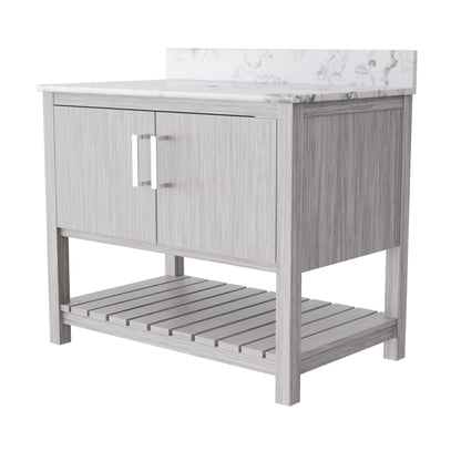 36-inch vanity with cafe mocha quartz countertop by Novatto, featuring a sleek bathroom accessory design.