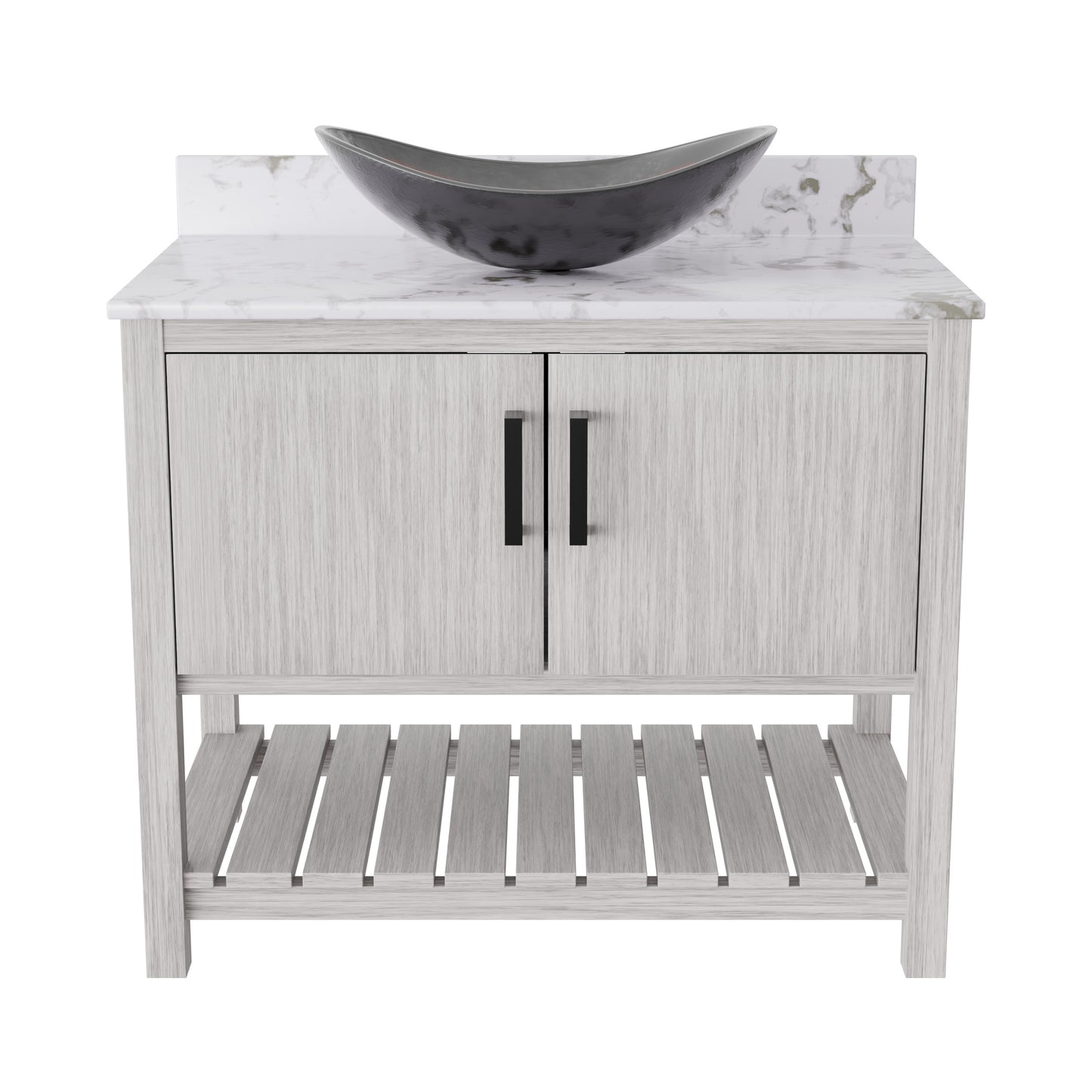 36-inch Novatto bath vanity with cafe mocha quartz countertop and integrated sink, showcasing modern bathroom accessory design.