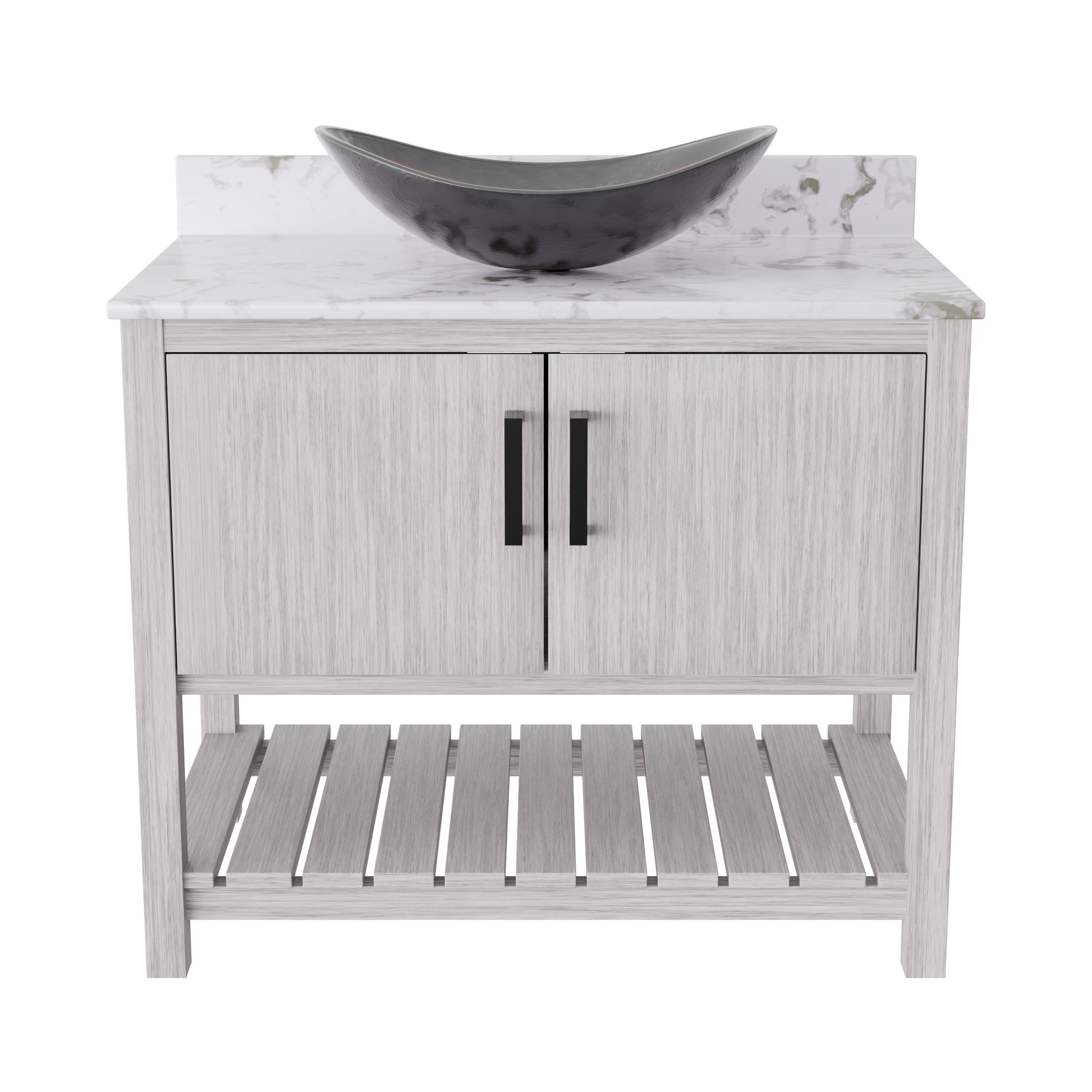 36-inch Novatto bath vanity with cafe mocha quartz countertop and integrated sink, showcasing modern bathroom accessory design.