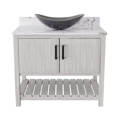 36-inch Novatto bath vanity with cafe mocha quartz countertop and integrated sink, showcasing modern bathroom accessory design.