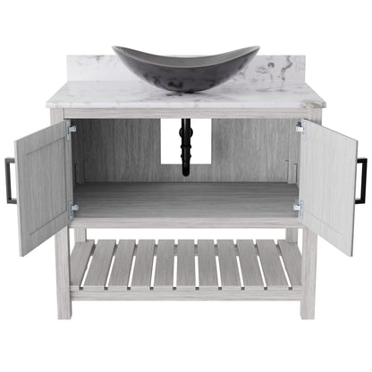 36-inch Novatto bath vanity with cafe mocha quartz countertop and sink, featuring sleek modern design and durable construction.