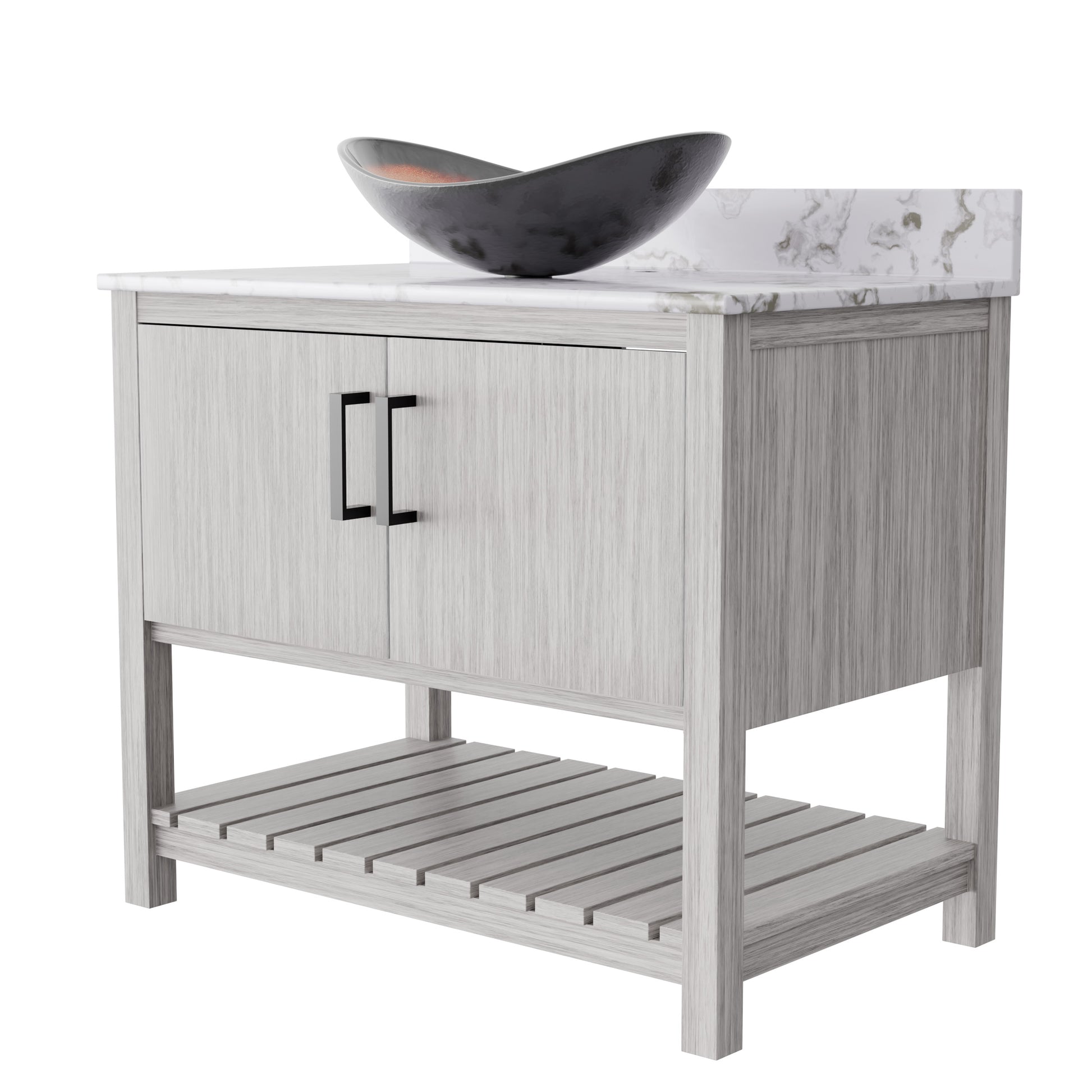 36-inch Novatto bath vanity with cafe mocha quartz countertop and sink, showcasing the elegant bathroom accessory design.