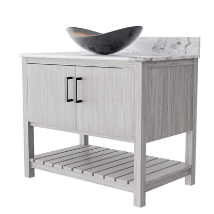 36-inch Novatto bath vanity with cafe mocha quartz countertop and sink, showcasing the elegant bathroom accessory design.